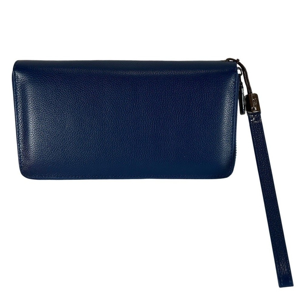 Bveyzi Navy Blue RFID Blocking Zip Around Wristlet Wallet Pebbled Leather New